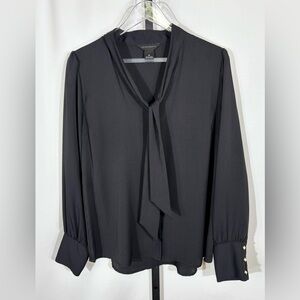 Investments Black Tie Neck Blouse with Pearl Accent Buttons Women’s Size M